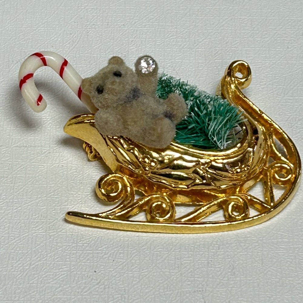Vintage Gold Sleigh Teddy Bear Candy Cane Rhinestone Snowball Holiday Brooch Pin